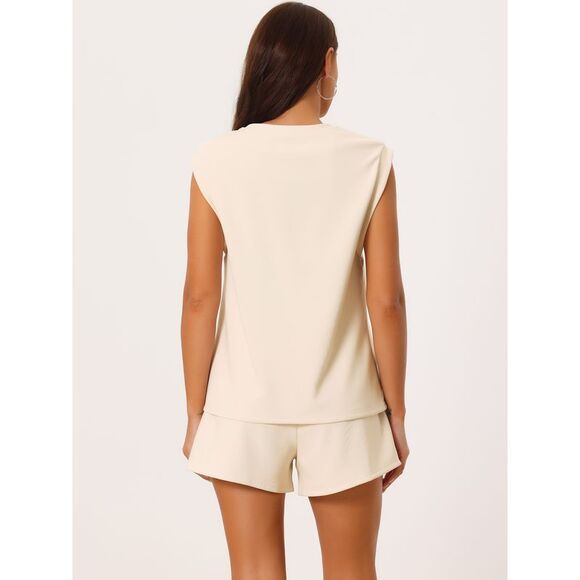 Two Piece Outfits Stretchy Sweatshirt Tank Top and Shorts Tracksuit Sets Apricot - Picture 4 of 6